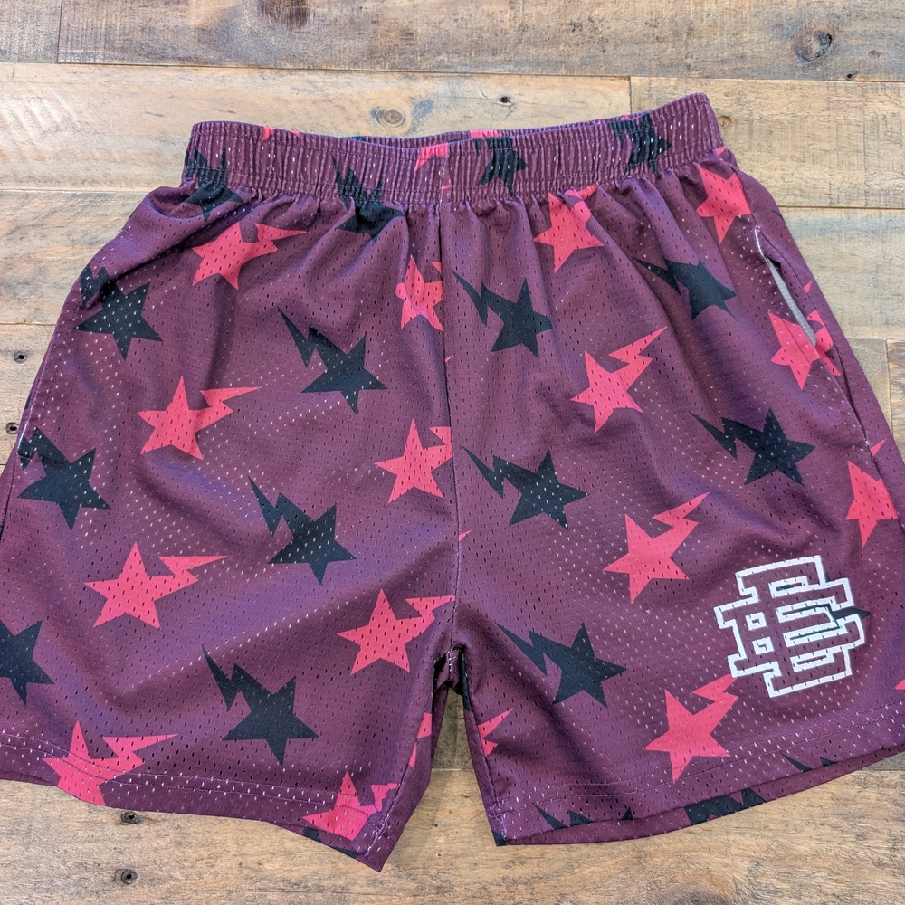 Eric Emanuel Maroon Shorts with Red and Black Star Motif